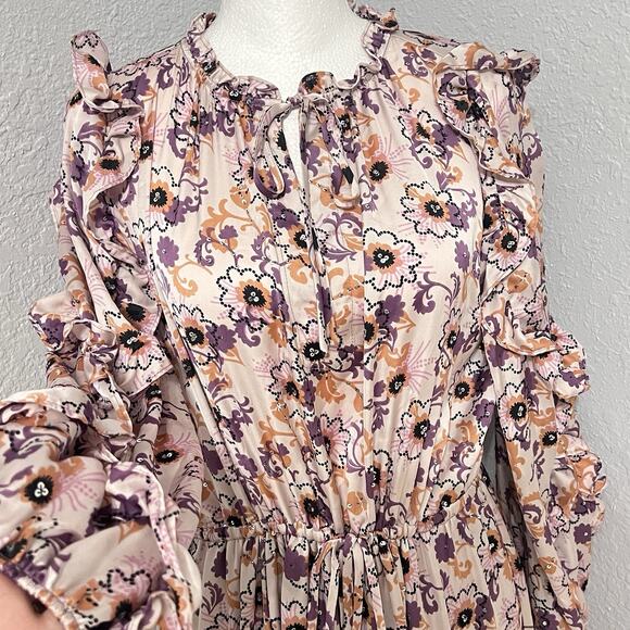 Alexis Satin Sequined Floral Adjustable Waist Peasant Flowy Maxi Dress Size XS - Picture 2 of 9